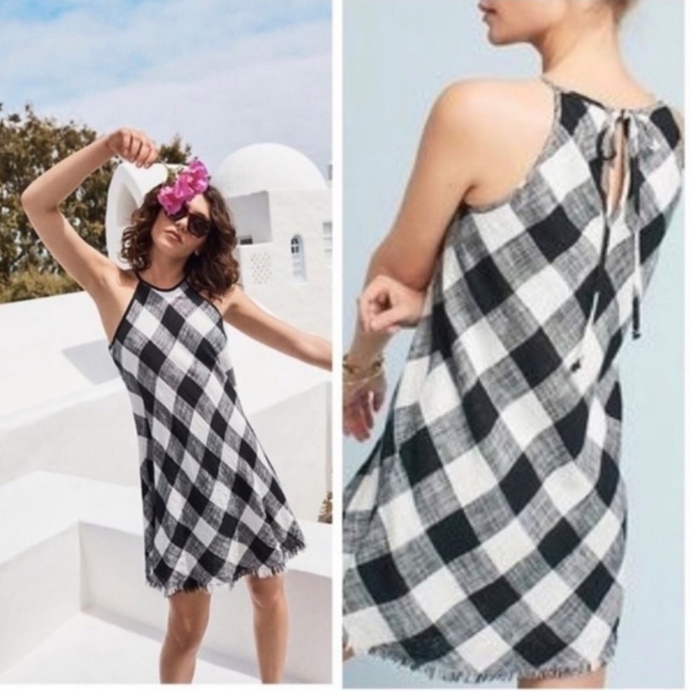 Anthropologie Cloth & Stone Frayed Hem Gingham Dress Back Tie Closure Sleeveless